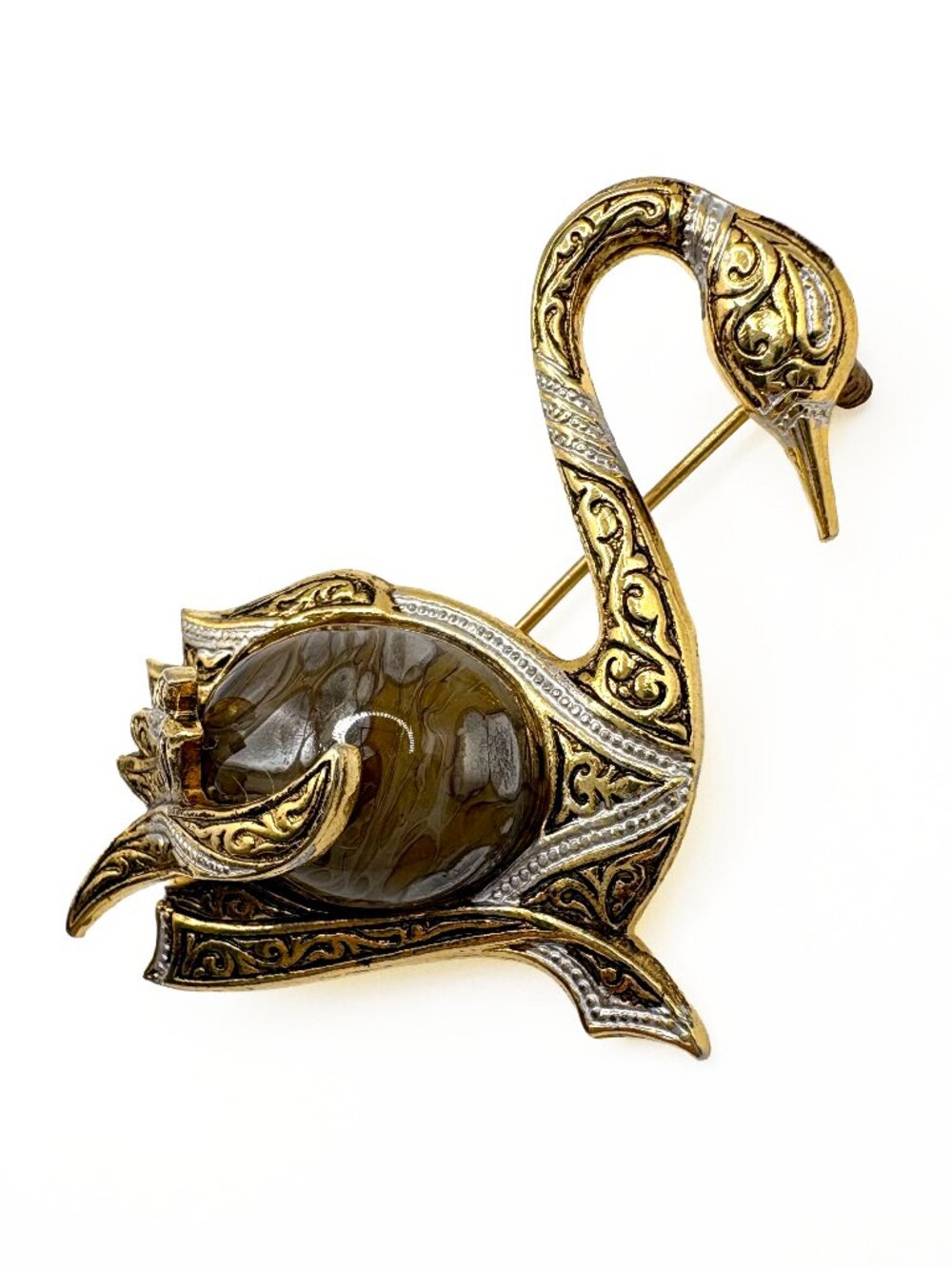 Vintage Swan Damascene Marbled Glass Jelly Belly Brooch - Picture 3 of 8